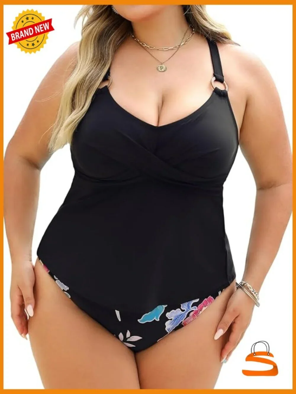 Plus Size Tankini Set V Neck Crisscross Back Tie O Ring